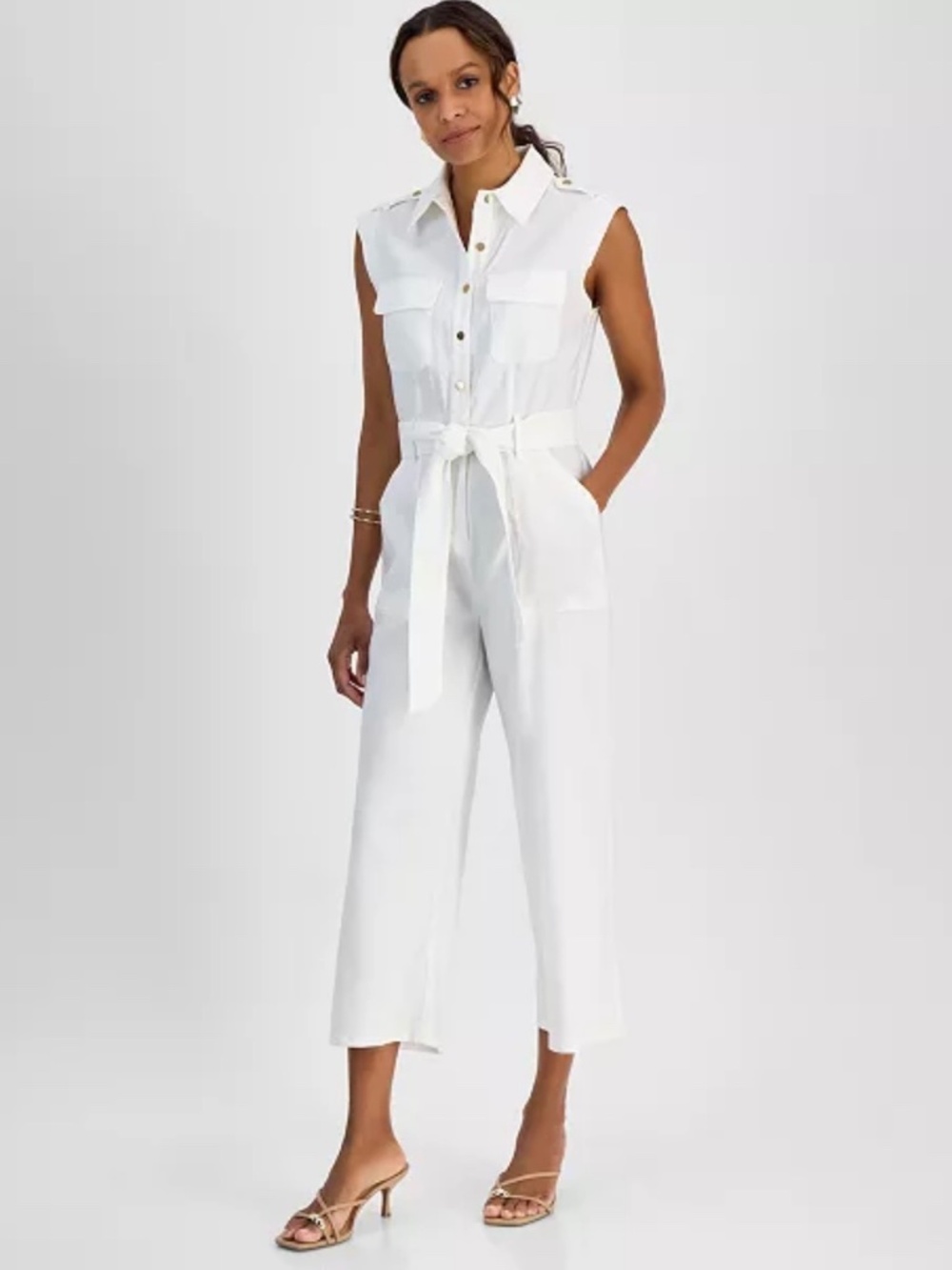 Petite Linen-Blend Sleeveless Button-Front Jumpsuit
